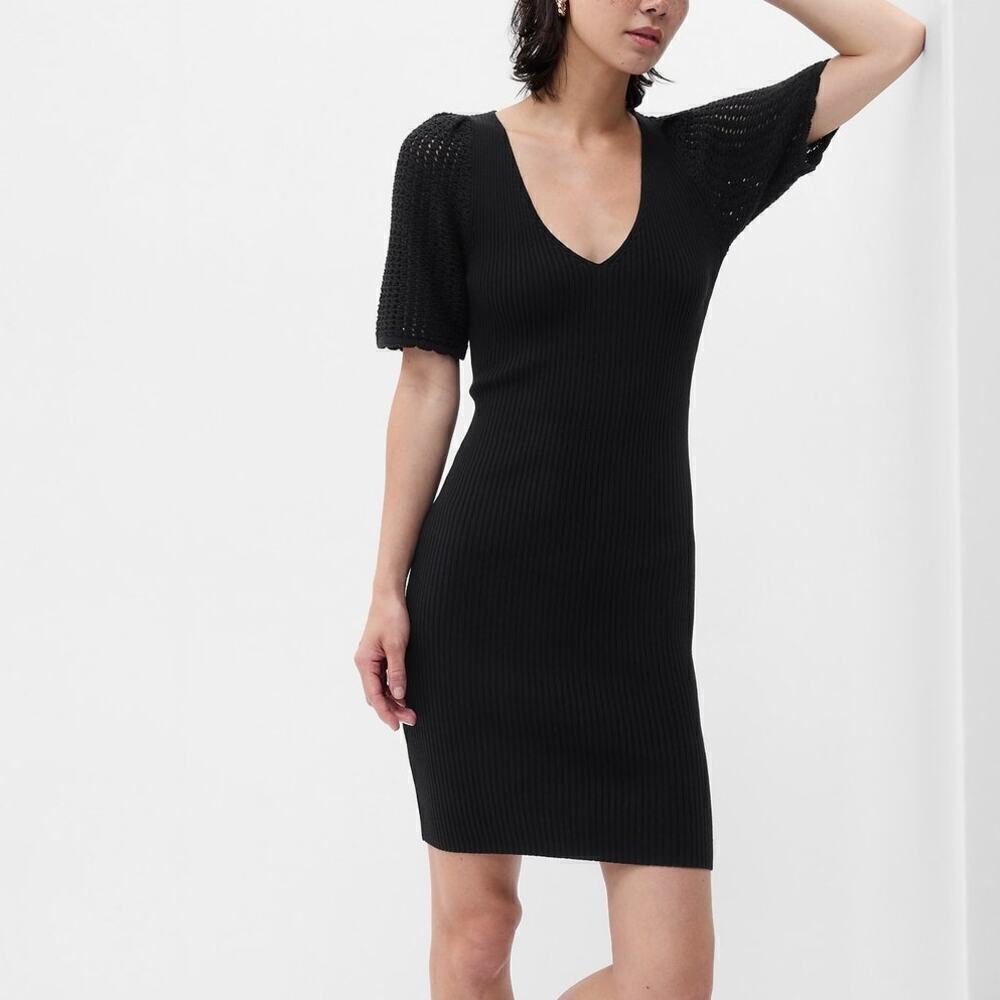 Gap Crochet Sleeve Mini Sweater Dress Women's XL Tall Black Ribbed Bodycon